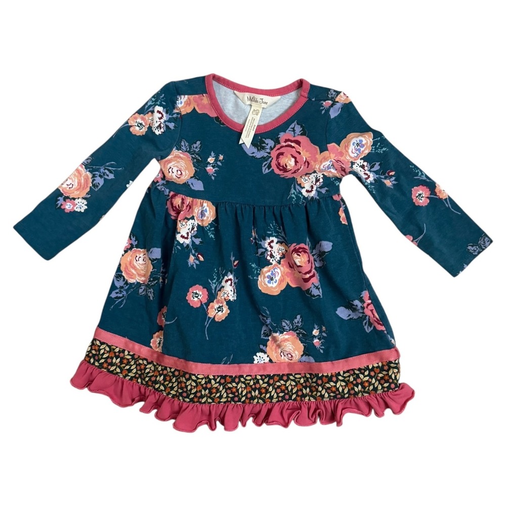 Matilda Jane Hold Me Close Long Sleeve Dress Teal Pink Roses Ruffles Baby‎ 6-12m